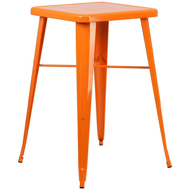 Commercial Grade 23.75" Square Orange Metal Indoor-Outdoor Bar Table Set with 2 Stools with Backs