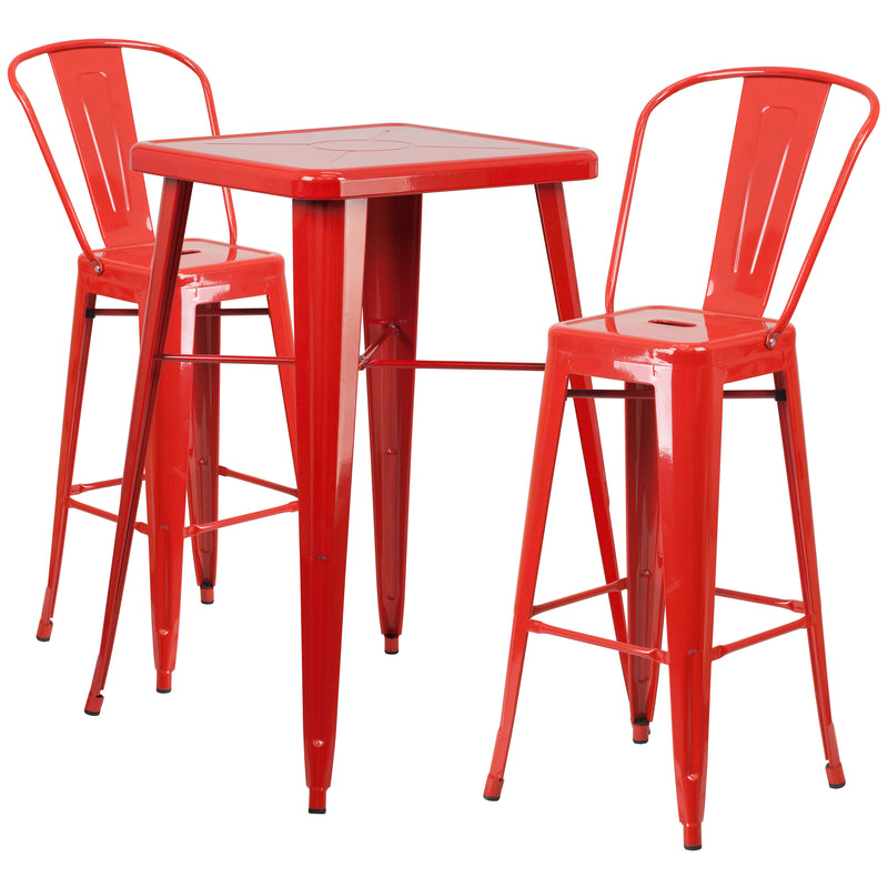 Commercial Grade 23.75" Square Red Metal Indoor-Outdoor Bar Table Set with 2 Stools with Backs