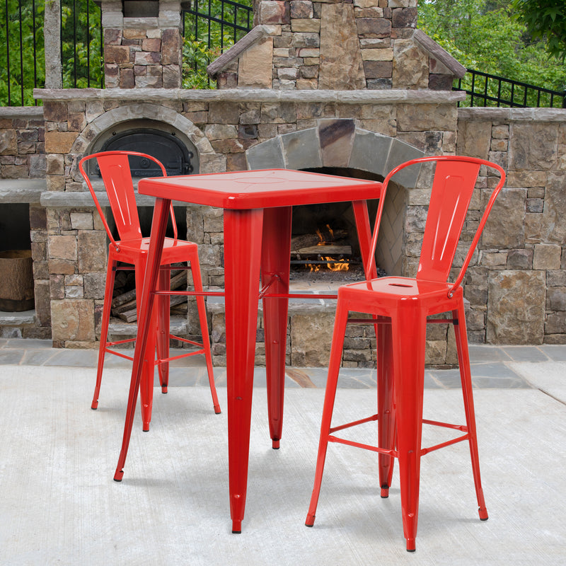 Commercial Grade 23.75" Square Red Metal Indoor-Outdoor Bar Table Set with 2 Stools with Backs