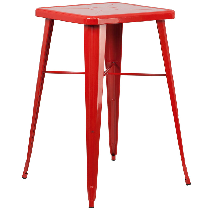 Commercial Grade 23.75" Square Red Metal Indoor-Outdoor Bar Table Set with 2 Stools with Backs