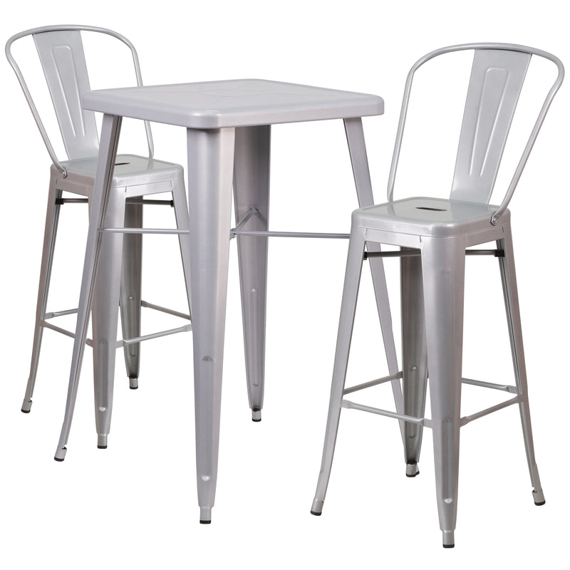 Commercial Grade 23.75" Square Silver Metal Indoor-Outdoor Bar Table Set with 2 Stools with Backs