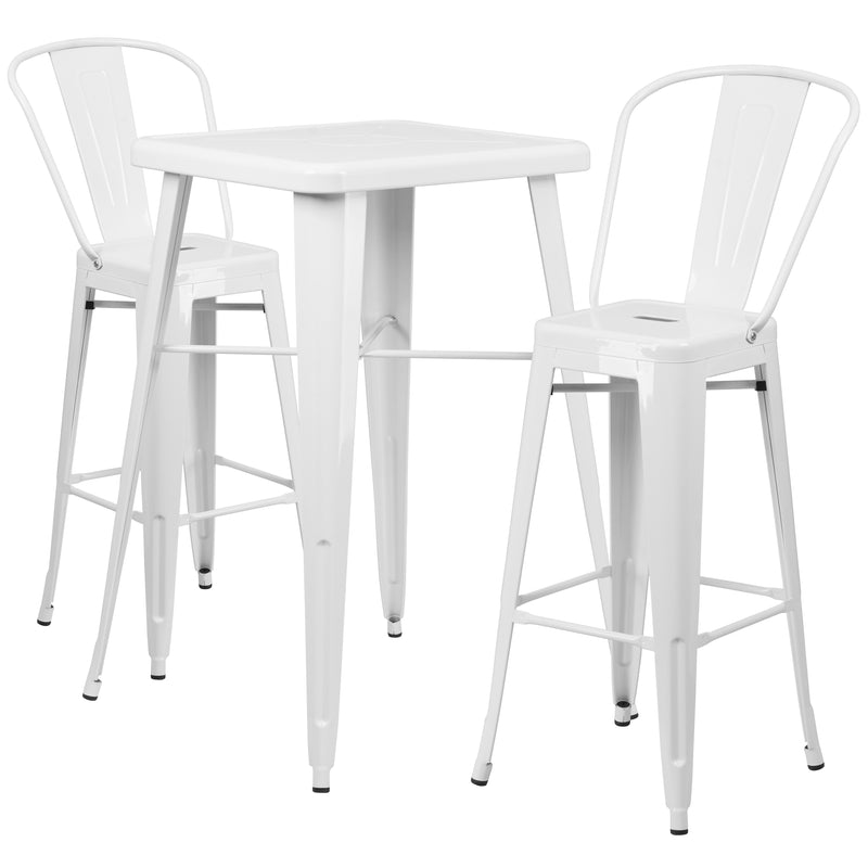 Commercial Grade 23.75" Square White Metal Indoor-Outdoor Bar Table Set with 2 Stools with Backs