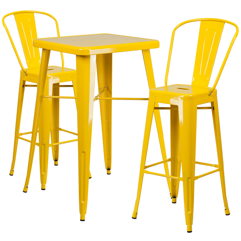 Commercial Grade 23.75" Square Yellow Metal Indoor-Outdoor Bar Table Set with 2 Stools with Backs