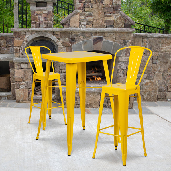 Commercial Grade 23.75" Square Yellow Metal Indoor-Outdoor Bar Table Set with 2 Stools with Backs