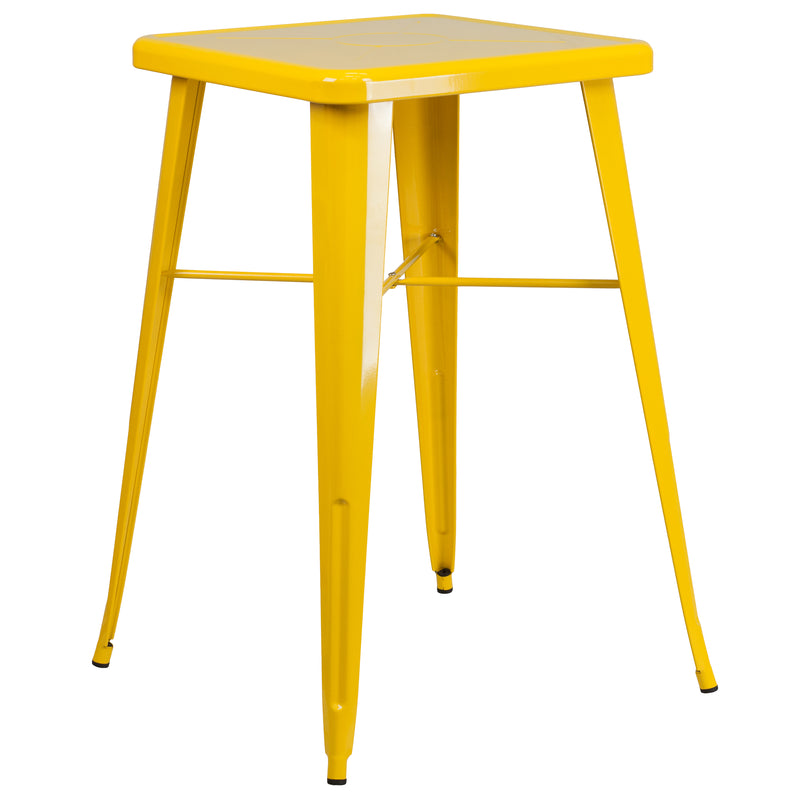 Commercial Grade 23.75" Square Yellow Metal Indoor-Outdoor Bar Table Set with 2 Stools with Backs