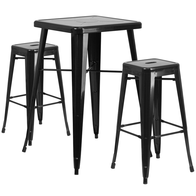 Commercial Grade 23.75" Square Black Metal Indoor-Outdoor Bar Table Set with 2 Square Seat Backless Stools