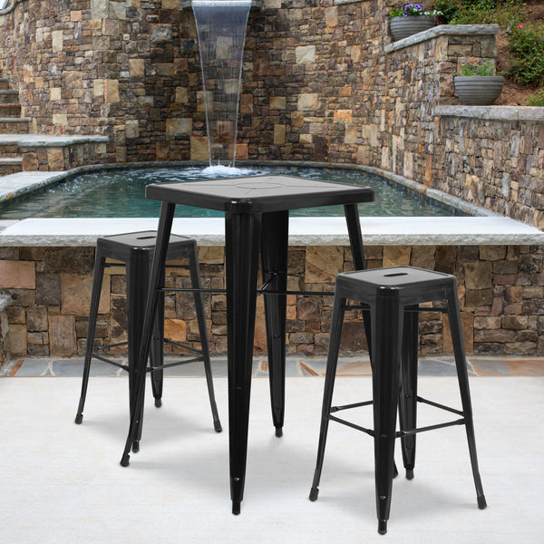 Commercial Grade 23.75" Square Black Metal Indoor-Outdoor Bar Table Set with 2 Square Seat Backless Stools