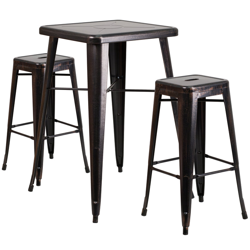 Commercial Grade 23.75" Square Black-Antique Gold Metal Indoor-Outdoor Bar Table Set with 2 Square Seat Backless Stools