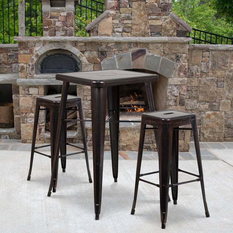 Commercial Grade 23.75" Square Black-Antique Gold Metal Indoor-Outdoor Bar Table Set with 2 Square Seat Backless Stools