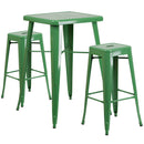 Commercial Grade 23.75" Square Green Metal Indoor-Outdoor Bar Table Set with 2 Square Seat Backless Stools