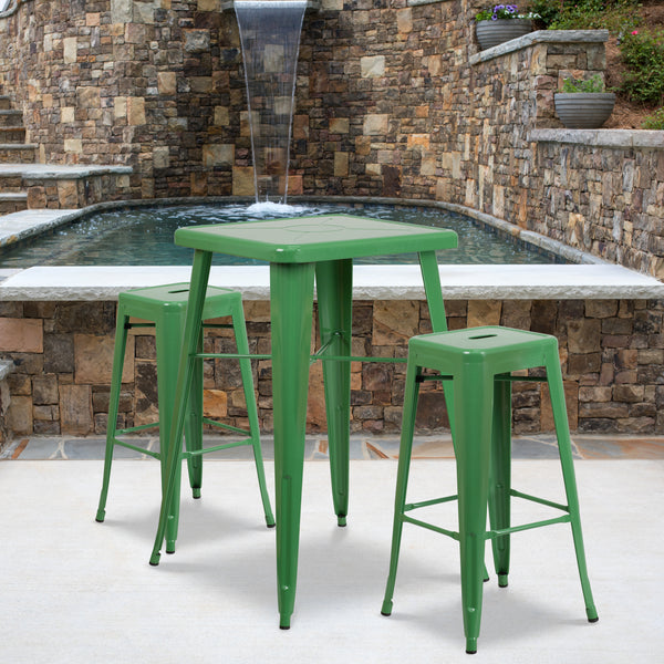 Commercial Grade 23.75" Square Green Metal Indoor-Outdoor Bar Table Set with 2 Square Seat Backless Stools