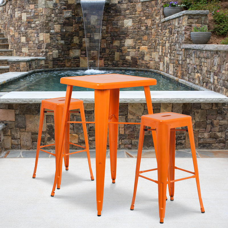 Commercial Grade 23.75" Square Orange Metal Indoor-Outdoor Bar Table Set with 2 Square Seat Backless Stools