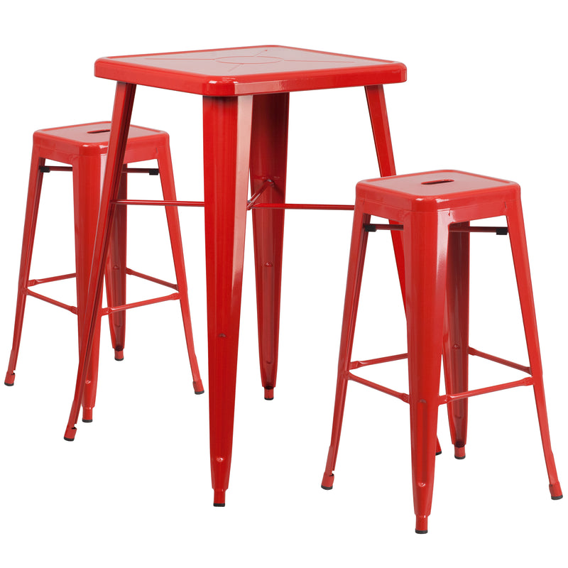 Commercial Grade 23.75" Square Red Metal Indoor-Outdoor Bar Table Set with 2 Square Seat Backless Stools