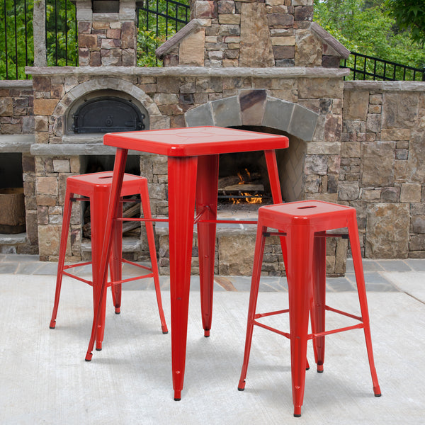 Commercial Grade 23.75" Square Red Metal Indoor-Outdoor Bar Table Set with 2 Square Seat Backless Stools