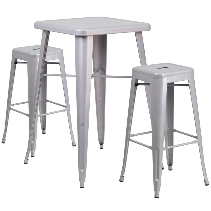 Commercial Grade 23.75" Square Silver Metal Indoor-Outdoor Bar Table Set with 2 Square Seat Backless Stools