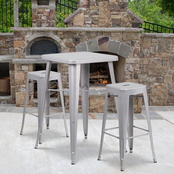 Commercial Grade 23.75" Square Silver Metal Indoor-Outdoor Bar Table Set with 2 Square Seat Backless Stools