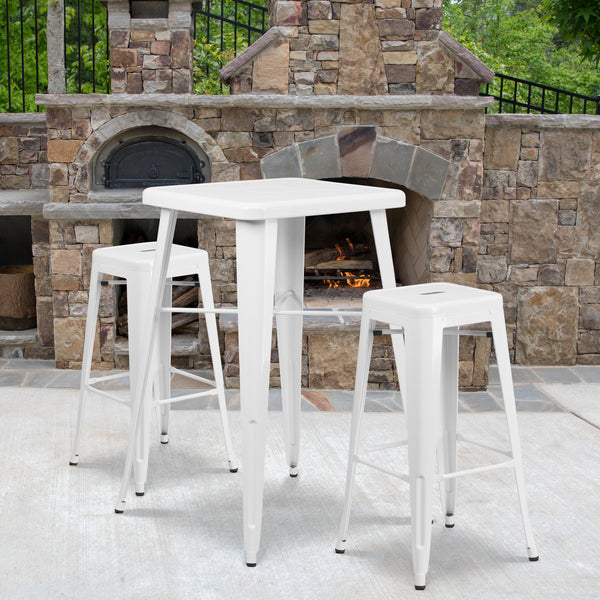 Commercial Grade 23.75" Square White Metal Indoor-Outdoor Bar Table Set with 2 Square Seat Backless Stools