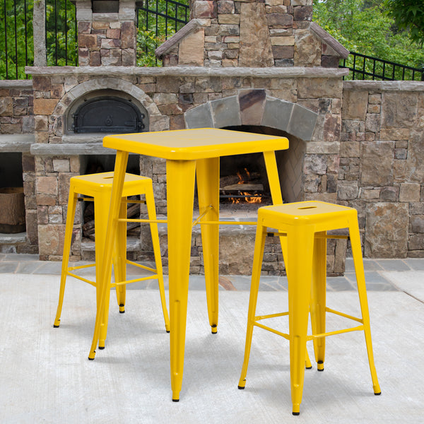 Commercial Grade 23.75" Square Yellow Metal Indoor-Outdoor Bar Table Set with 2 Square Seat Backless Stools