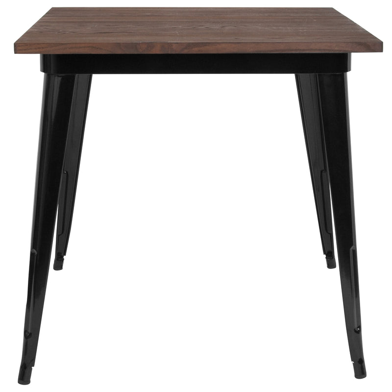 31.5" Square Black Metal Indoor Table with Walnut Rustic Wood Top