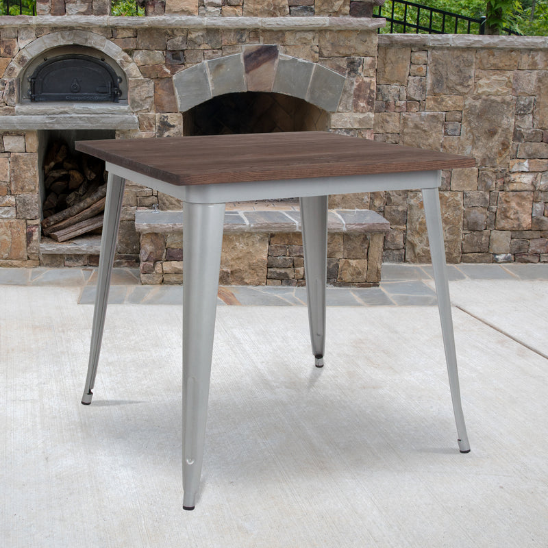 31.5" Square Silver Metal Indoor Table with Walnut Rustic Wood Top