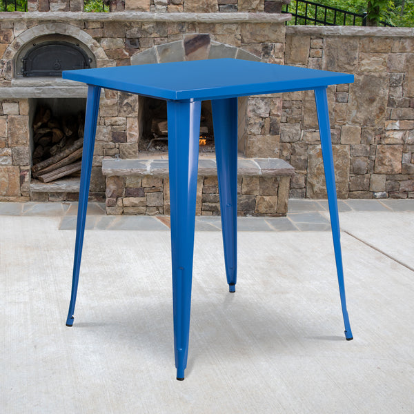 Commercial Grade 31.5" Square Blue Metal Indoor-Outdoor Bar Height Table