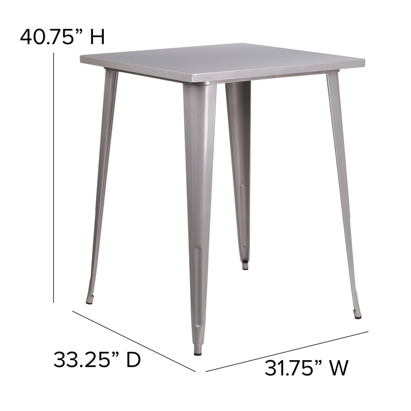 Commercial Grade 31.5" Square Silver Metal Indoor-Outdoor Bar Height Table