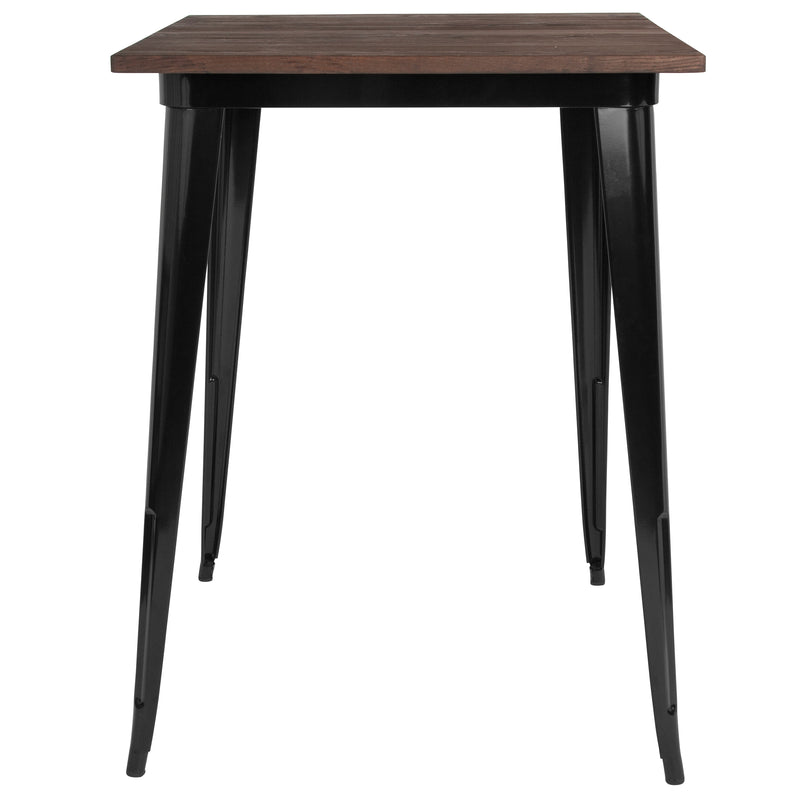 31.5" Square Black Metal Indoor Bar Height Table with Walnut Rustic Wood Top