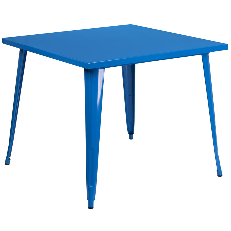 Commercial Grade 35.5" Square Blue Metal Indoor-Outdoor Table