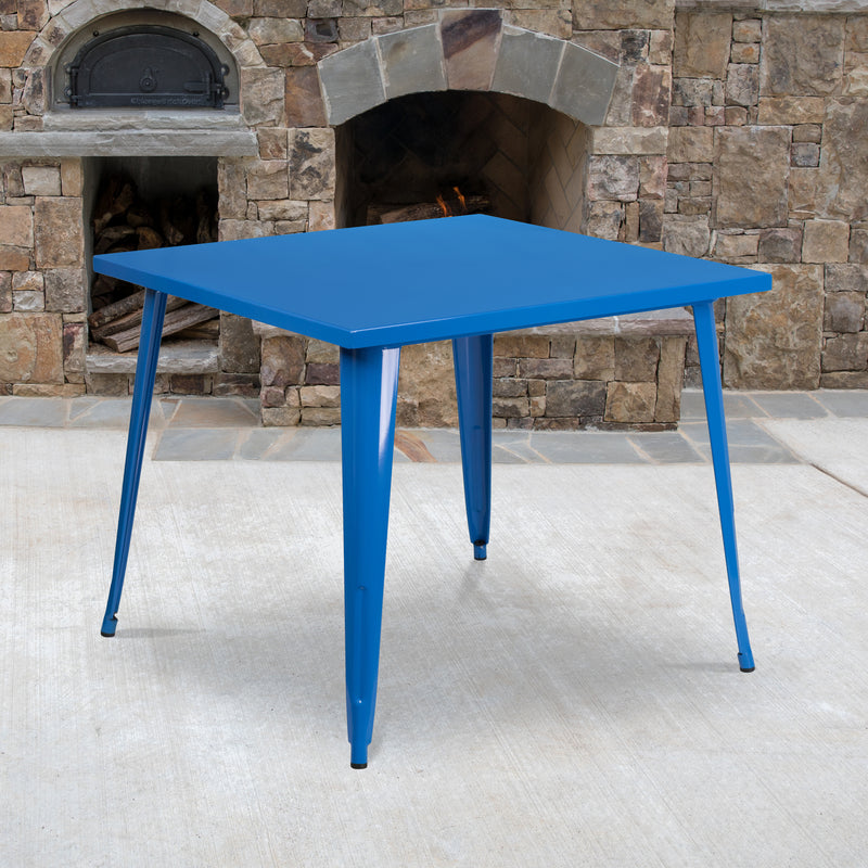 Commercial Grade 35.5" Square Blue Metal Indoor-Outdoor Table