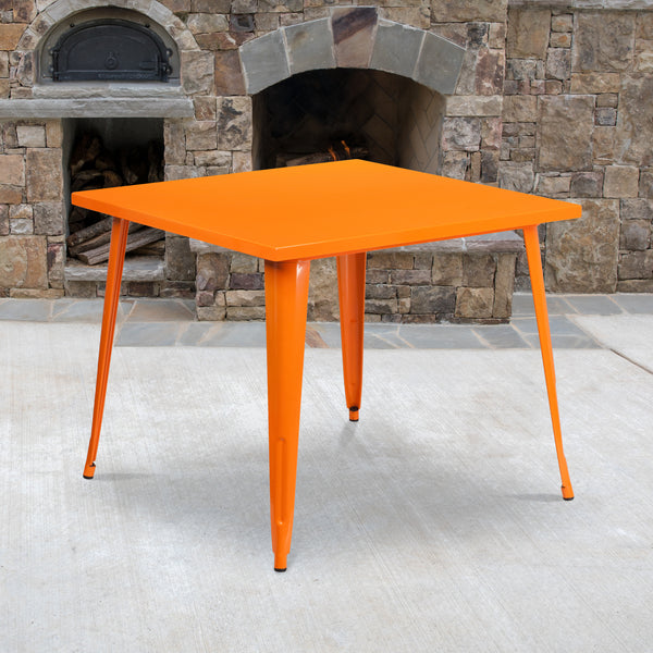 Commercial Grade 35.5" Square Orange Metal Indoor-Outdoor Table