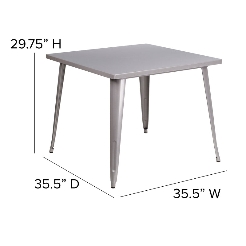 Commercial Grade 35.5" Square Silver Metal Indoor-Outdoor Table