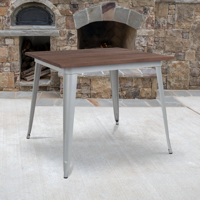 36" Square Silver Metal Indoor Table with Walnut Rustic Wood Top