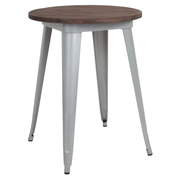 24" Round Silver Metal Indoor Table with Walnut Rustic Wood Top