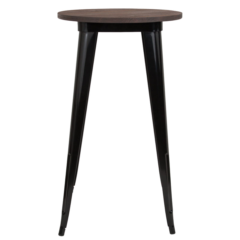 24" Round Black Metal Indoor Bar Height Table with Walnut Rustic Wood Top