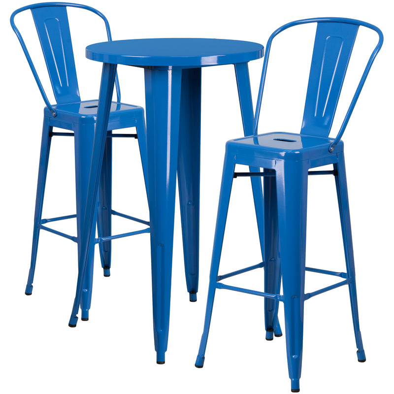 Commercial Grade 24" Round Blue Metal Indoor-Outdoor Bar Table Set with 2 Cafe Stools