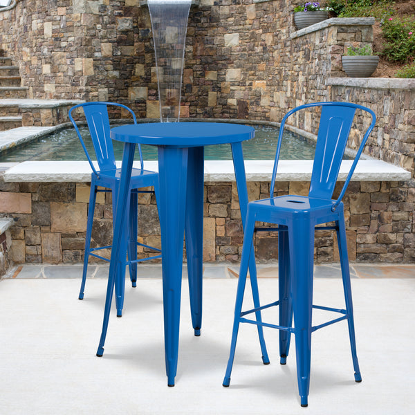 Commercial Grade 24" Round Blue Metal Indoor-Outdoor Bar Table Set with 2 Cafe Stools