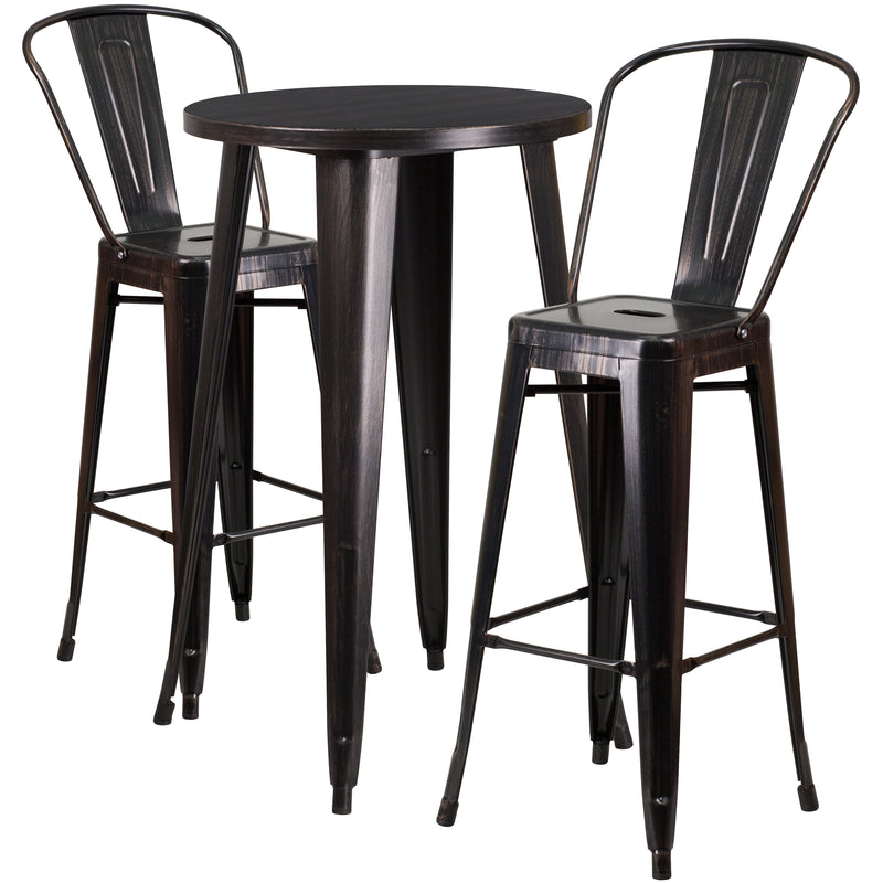 Commercial Grade 24" Round Black-Antique Gold Metal Indoor-Outdoor Bar Table Set with 2 Cafe Stools