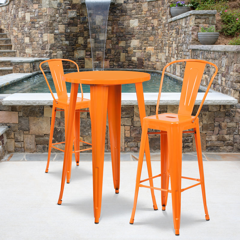 Commercial Grade 24" Round Orange Metal Indoor-Outdoor Bar Table Set with 2 Cafe Stools