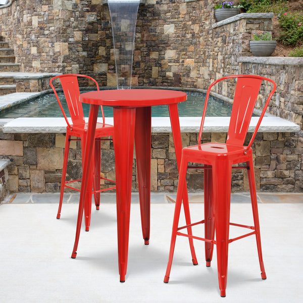 Commercial Grade 24" Round Red Metal Indoor-Outdoor Bar Table Set with 2 Cafe Stools