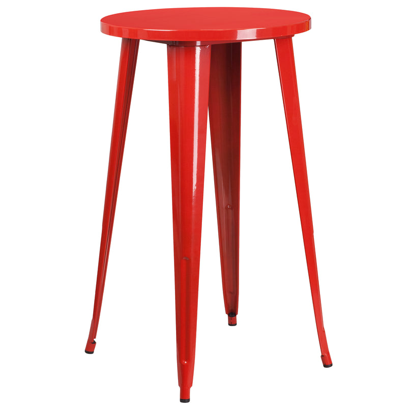 Commercial Grade 24" Round Red Metal Indoor-Outdoor Bar Table Set with 2 Cafe Stools