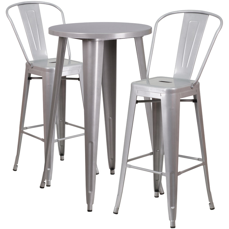 Commercial Grade 24" Round Silver Metal Indoor-Outdoor Bar Table Set with 2 Cafe Stools