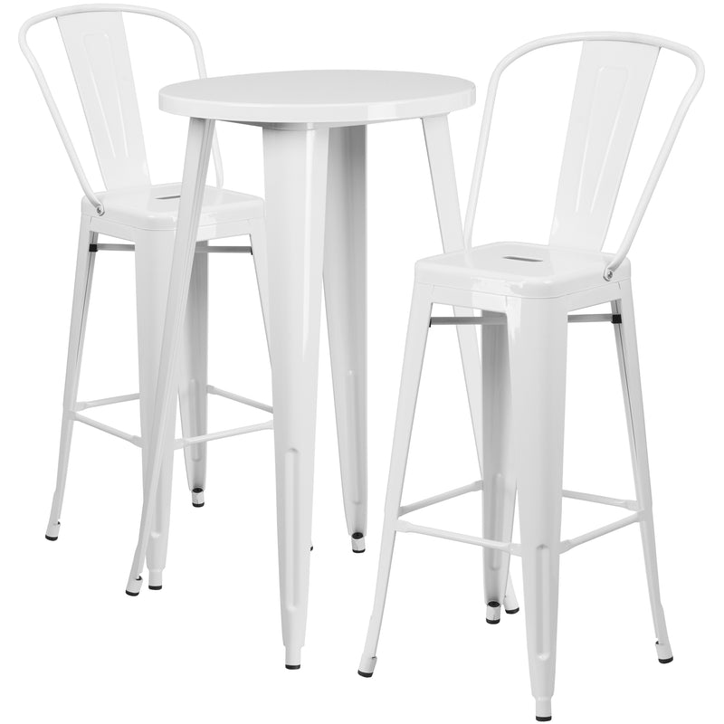 Commercial Grade 24" Round White Metal Indoor-Outdoor Bar Table Set with 2 Cafe Stools