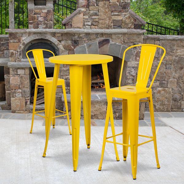 Commercial Grade 24" Round Yellow Metal Indoor-Outdoor Bar Table Set with 2 Cafe Stools