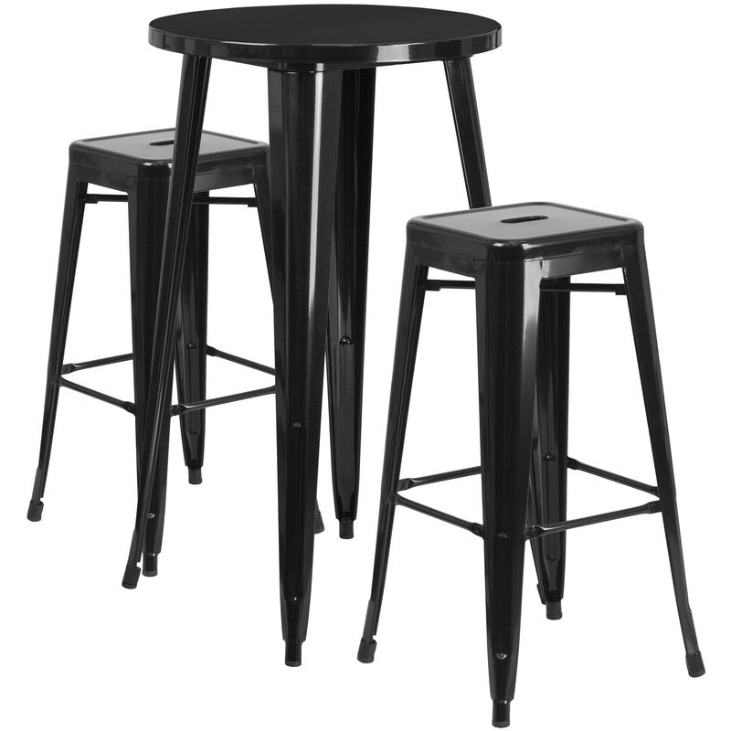 Commercial Grade 24" Round Black Metal Indoor-Outdoor Bar Table Set with 2 Square Seat Backless Stools