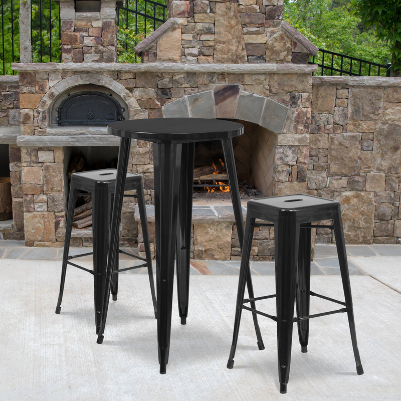 Commercial Grade 24" Round Black Metal Indoor-Outdoor Bar Table Set with 2 Square Seat Backless Stools