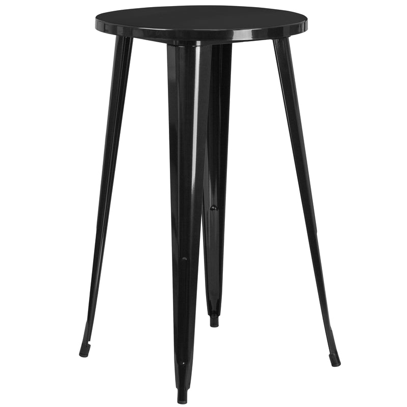 Commercial Grade 24" Round Black Metal Indoor-Outdoor Bar Table Set with 2 Square Seat Backless Stools