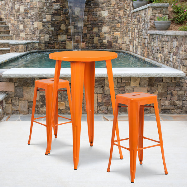 Commercial Grade 24" Round Orange Metal Indoor-Outdoor Bar Table Set with 2 Square Seat Backless Stools