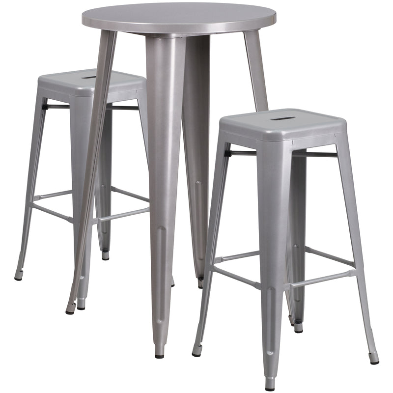 Commercial Grade 24" Round Silver Metal Indoor-Outdoor Bar Table Set with 2 Square Seat Backless Stools