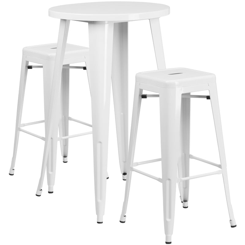 Commercial Grade 24" Round White Metal Indoor-Outdoor Bar Table Set with 2 Square Seat Backless Stools