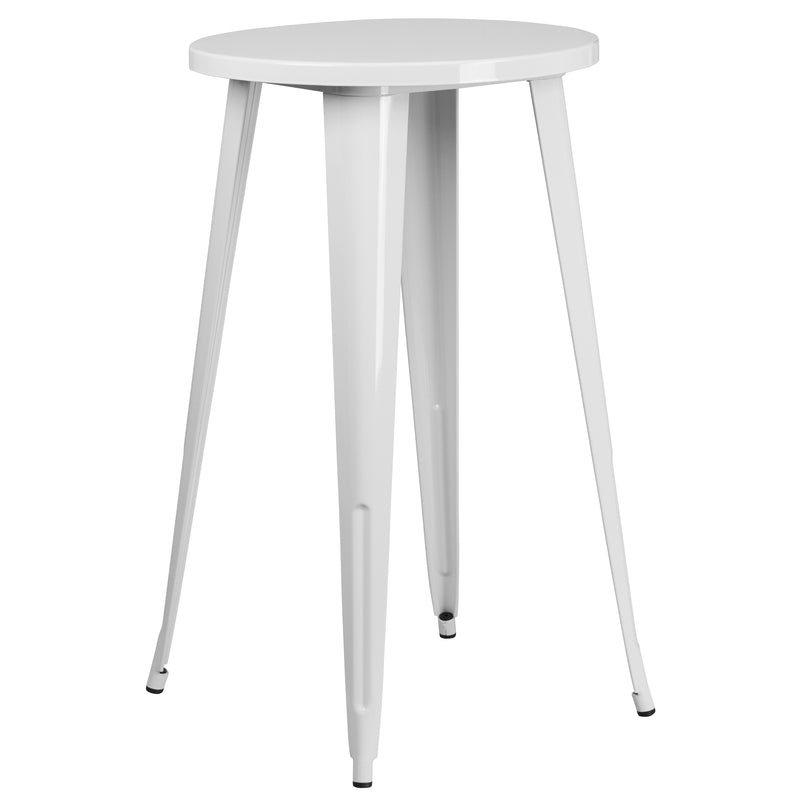 Commercial Grade 24" Round White Metal Indoor-Outdoor Bar Table Set with 2 Square Seat Backless Stools